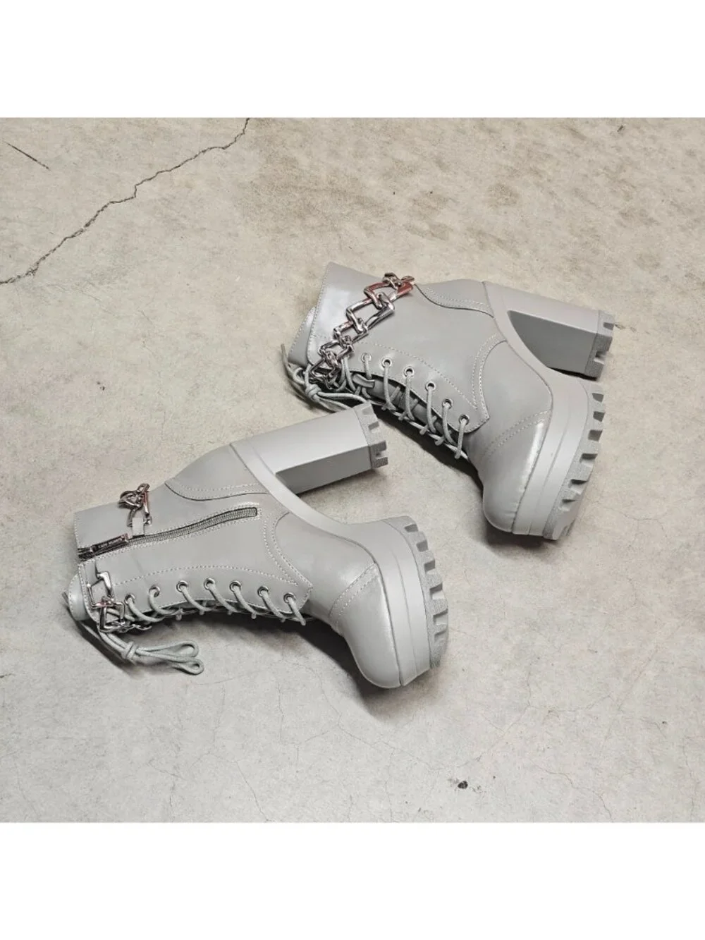 Chunky Platform Lace-Up Ankle Boots With Chain Detail In Light Olive Faux Leathe